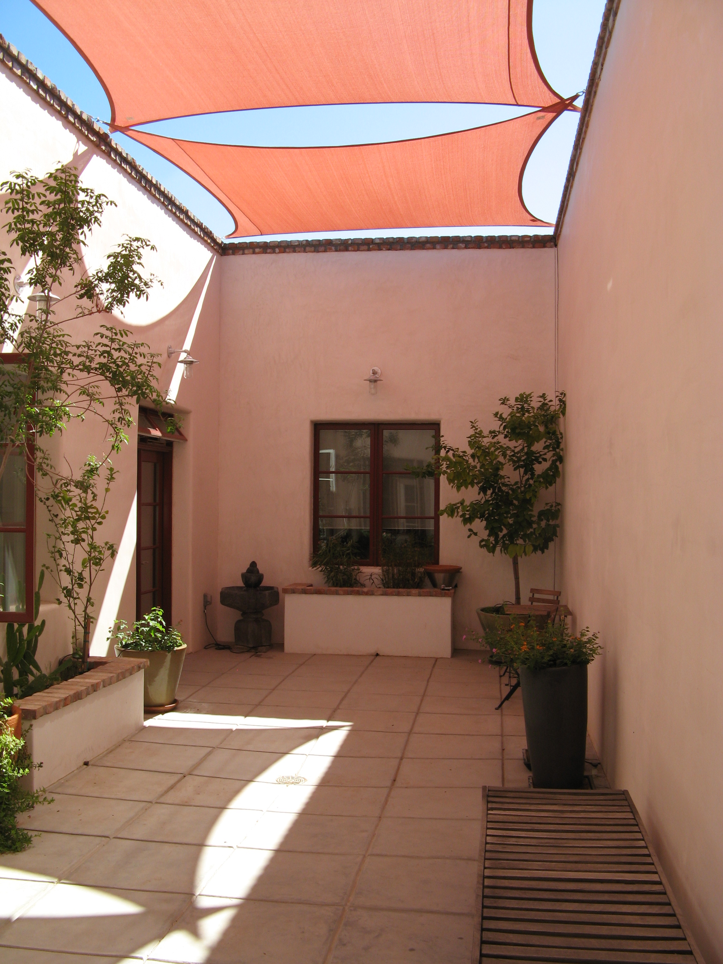Courtyard with a fabric shade structure, just west of downtown