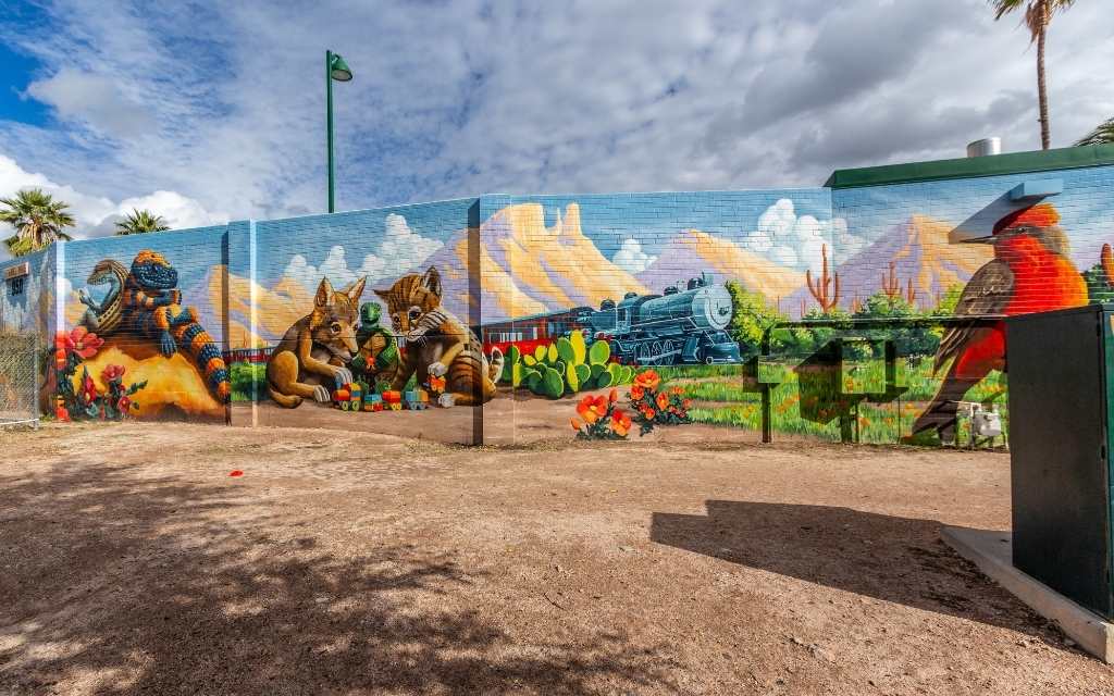 Joe Pagac's colorful mural in Himmel Park pays homage to the train engine that used to reside nearby.