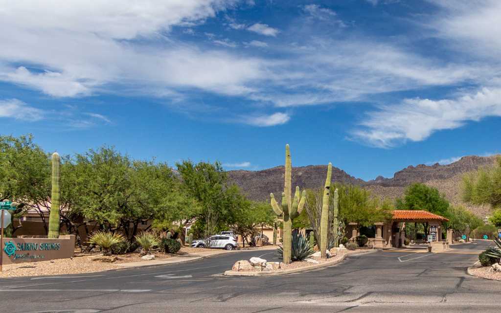 The entrance to Sabino Springs features a 24/7 manned guard gate.