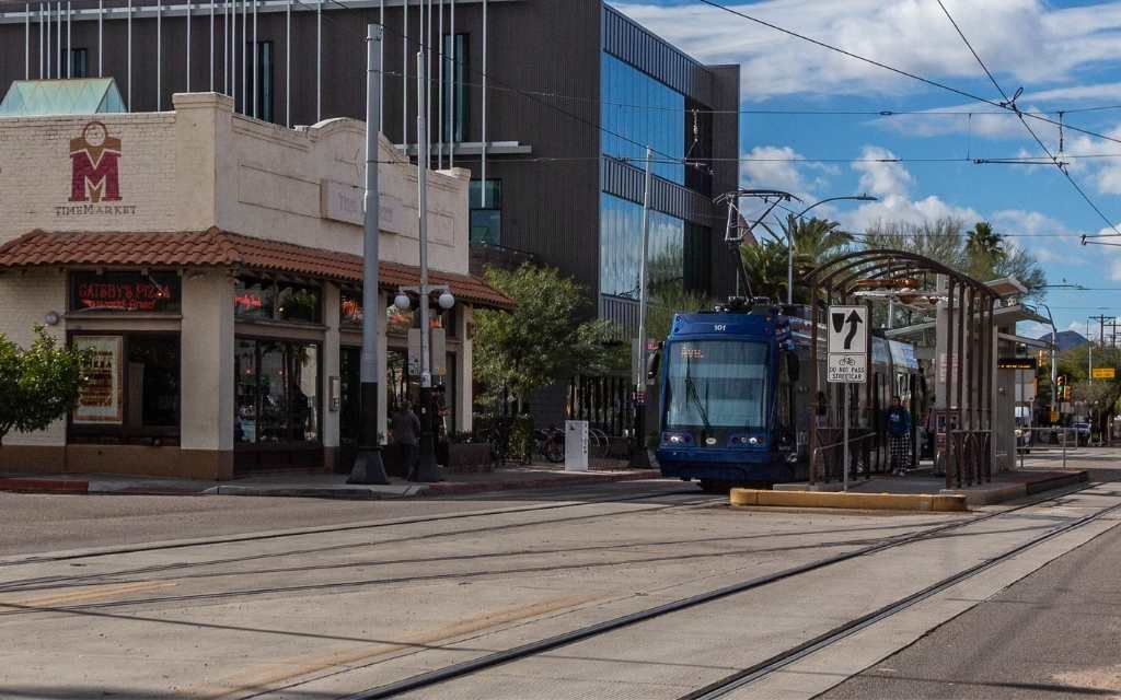 Tucson streetcar on University Boulevard next to the Time Market in West University neighborhood