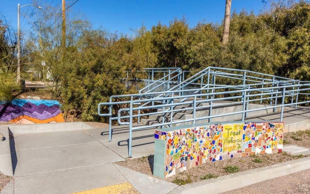 Community art projects are featured at the pedestrian bridge that crosses the Arroyo Chico in Broadmoor