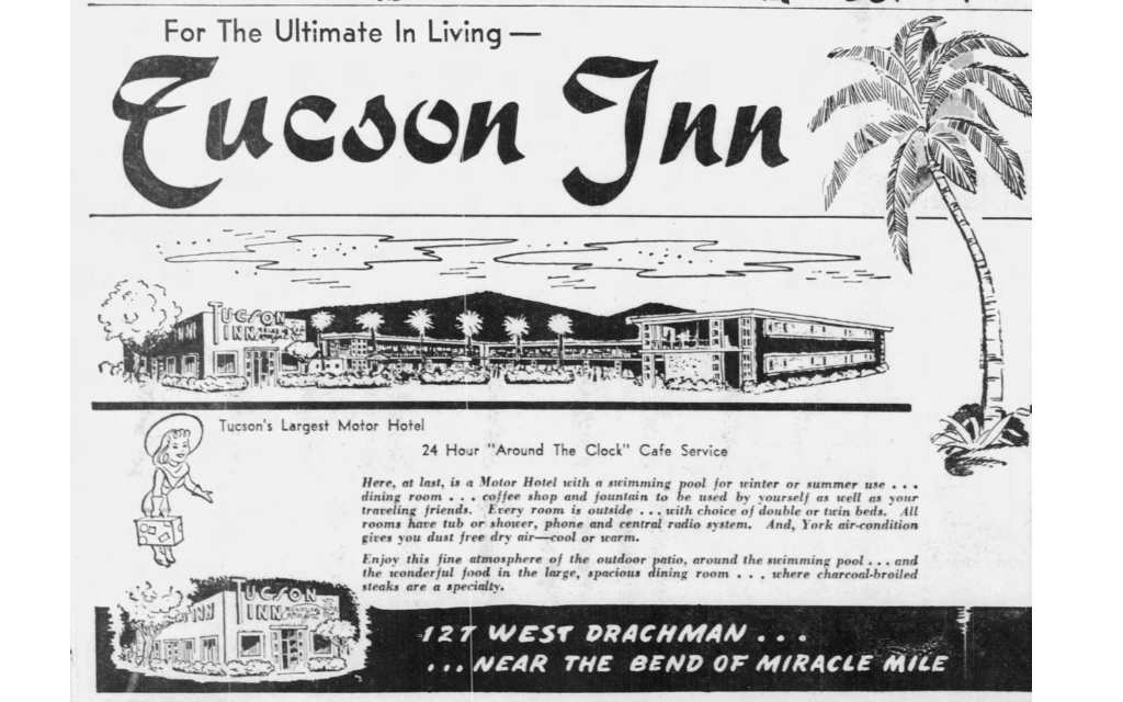 Vintage newspaper advertisement for Tucson Inn, designed by Anne Rysdale