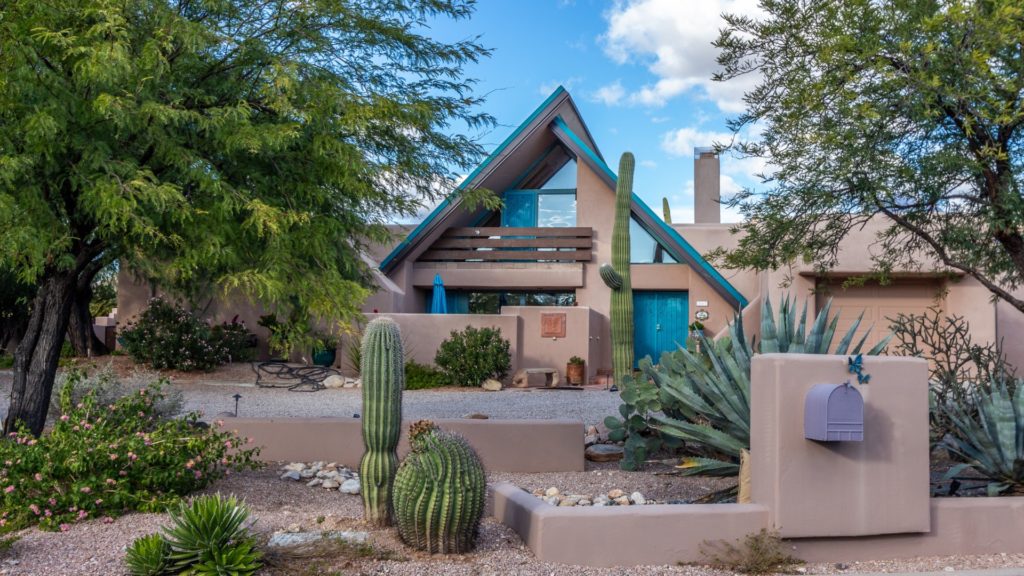 One of the beautiful homes in the little development called Miraval Place. David Tyson also designed some A-frame style homes as well as his more typically 'block-y' style.