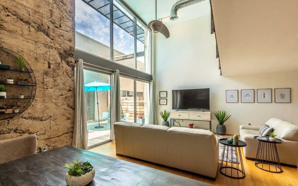 The community includes access to a gym featuring weights on the main level and stationary bikes on the upper loft level. Machinery from the manufacturing days remains as a historic tribute. 