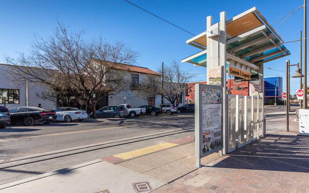 Streetcar stop at Mercado District, featuring many dining and shopping options.