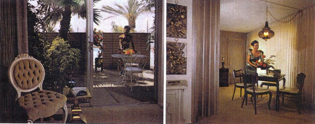 vintage photos from an original sales brochure showing the patio space and the dining room.