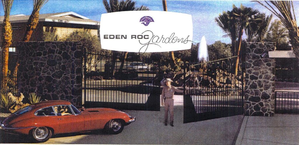 From one of the sales brochures from the 1960s, showing the entrance and the uniformed guards opening the gate.