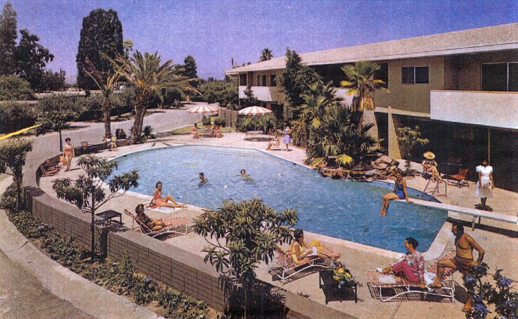 Vintage pool photo at Eden Roc Gardens from the sales brochure from the 1960s. 