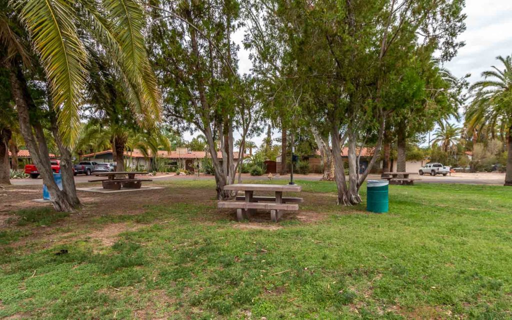 The neighborhood features a small park with large shady trees, grassy space to play some frisbee, and picnic tables.