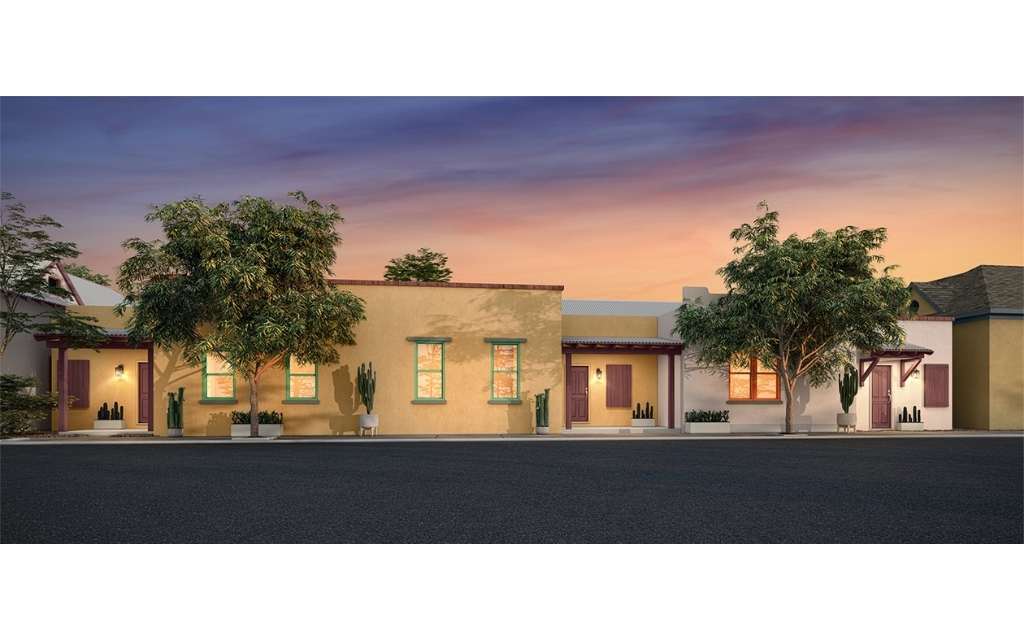 Exterior rendering of new masonry homes in downtown Tucson Barrio Viejo neighborhood, built by Miramonte homes