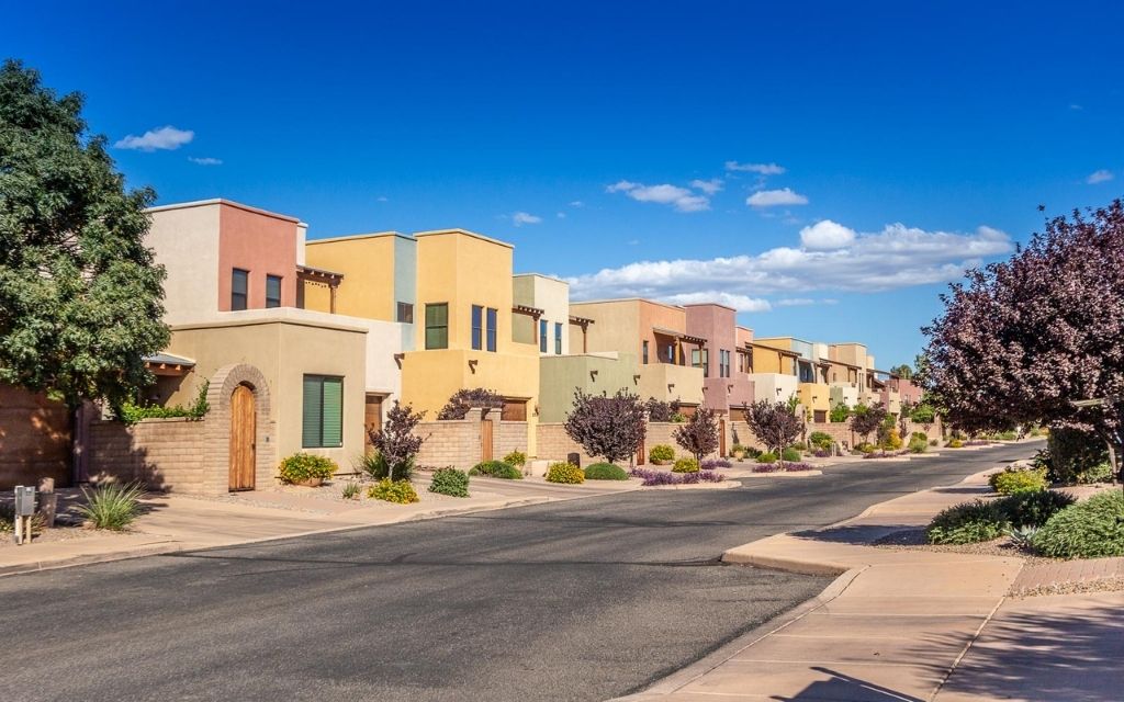 Miramonte at the River neighborhood: street view of the colorful homes in the neighborhood