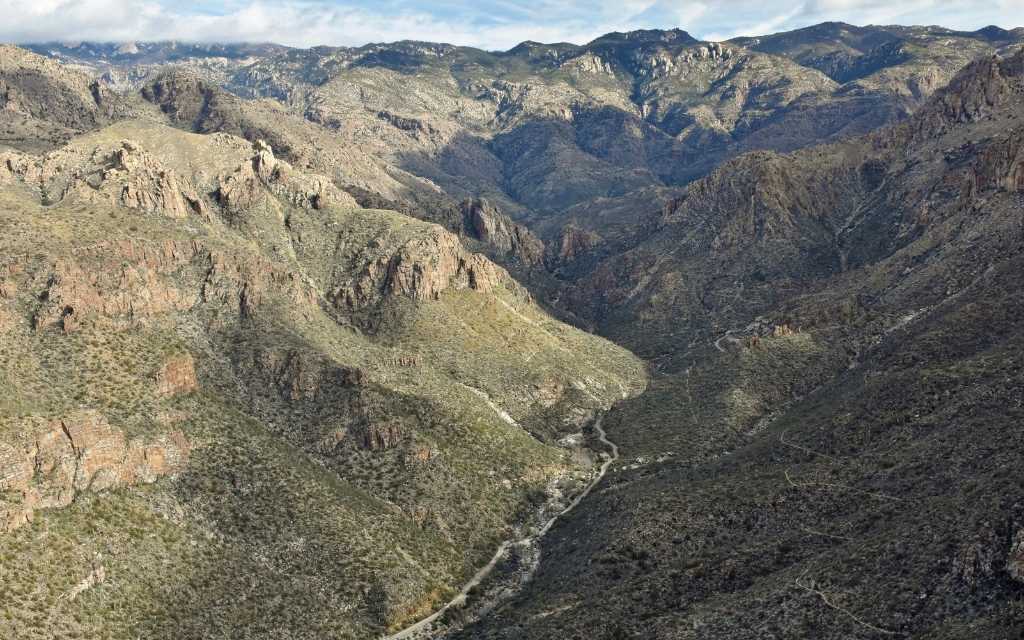 Areial view of Sabino Canyon tram road and phoneline hiking trail
