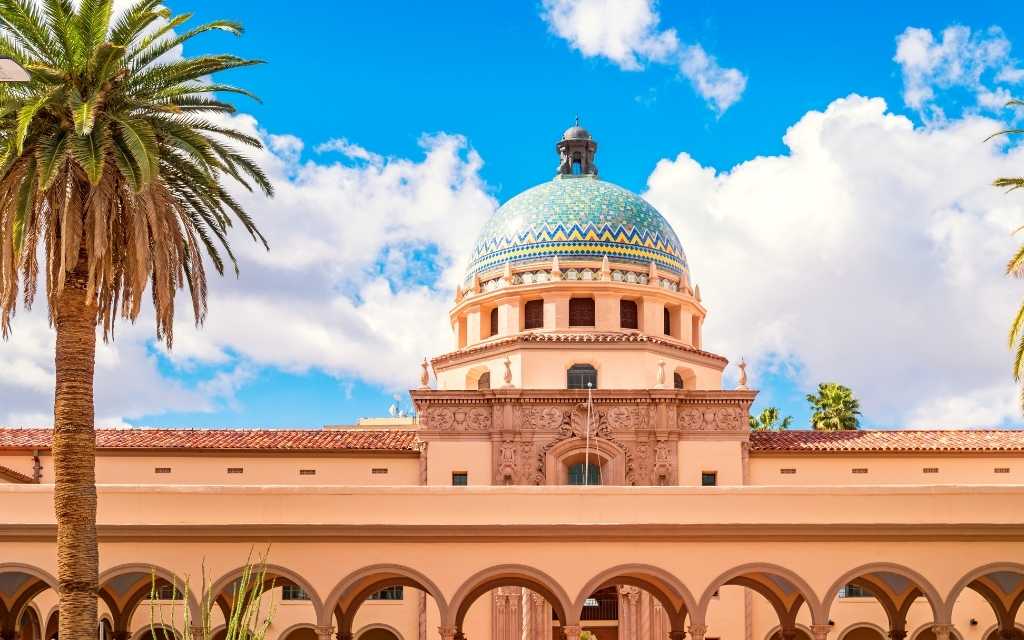 Tile covered dome of the Historic Pima County Courthouse in downtown Tucson, Arizona