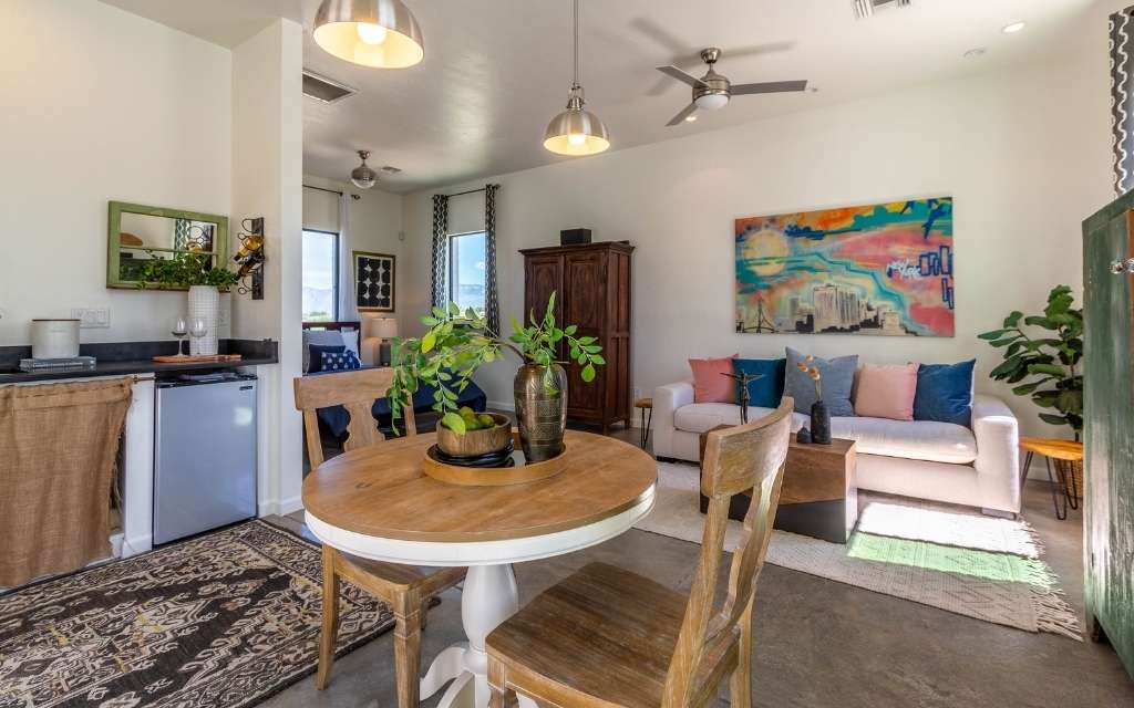 Studio guest house interior with a kitchenette, an option for helping aging parents