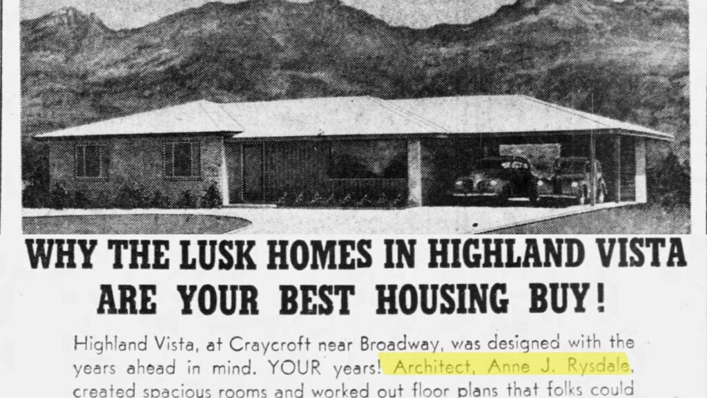 1952 newspaper advertisement of Highland Vista listing Anne Rysdale as the architect