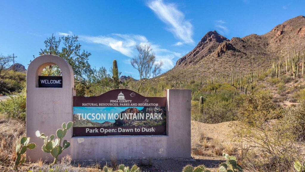 Tucson Mountain Park sign. Tucson Mountain Park envelopes the neighborhood on all sides.