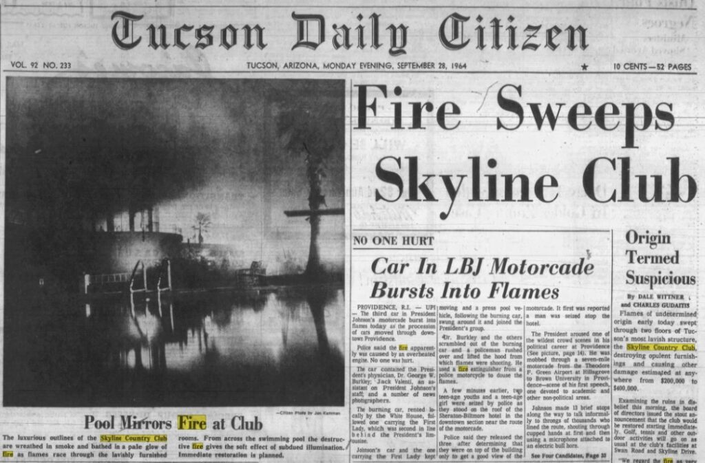 Tucson Daily Citizen front page dated 9/28/1964 with headlines of the clubhouse fire at Skyline Country Club.