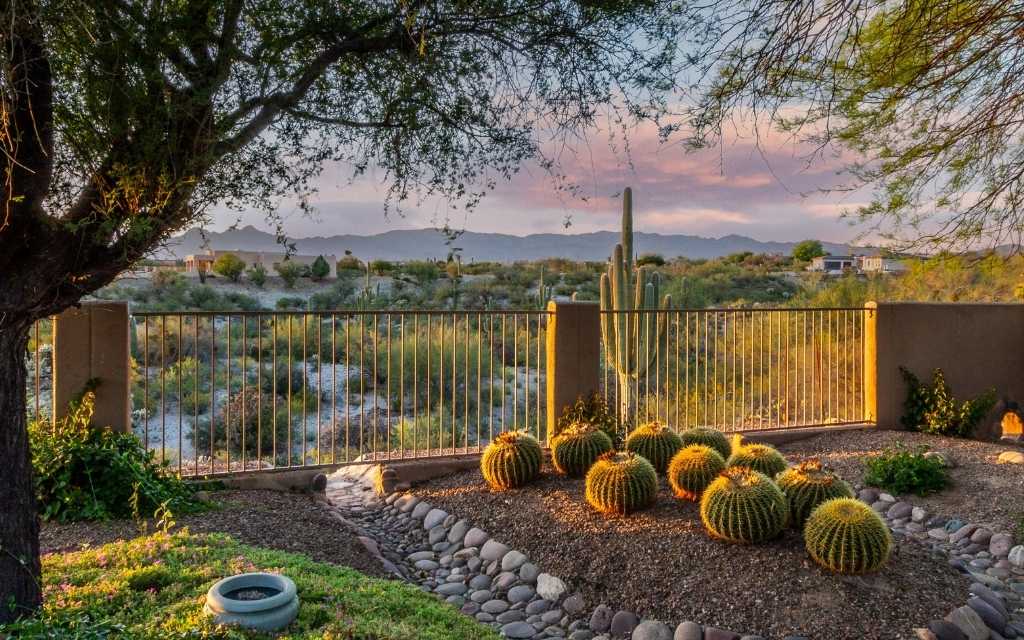 Backyard of a east side Tucson home that sits on an elevated lot with panoramic views of the Santa Catalina Mountains to the north.