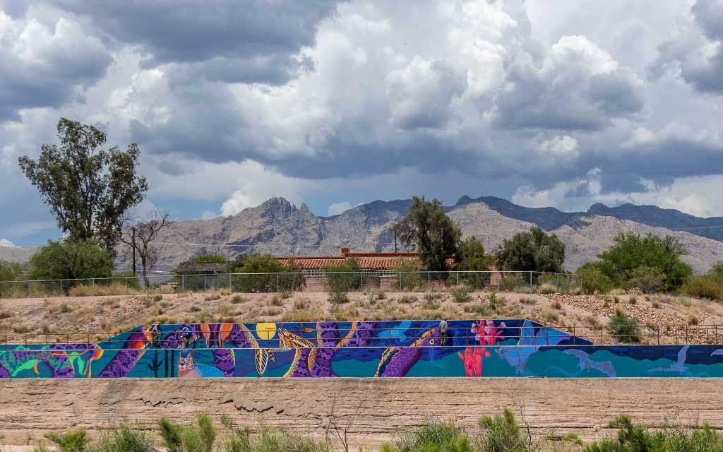 Mural on the Chuck Huckleberry Loop in the foreground with the Catalina Mountains in the background