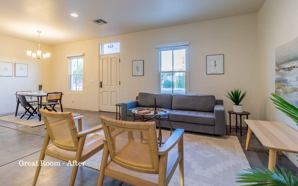 Open concept great room that has been staged with contemporary stylish furniture and accessories.